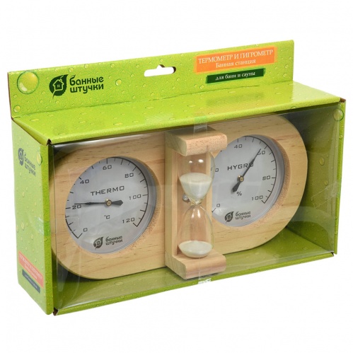 Термометр с гигрометром для бани и сауны Банная станция с песочными часами 18028 фото 2