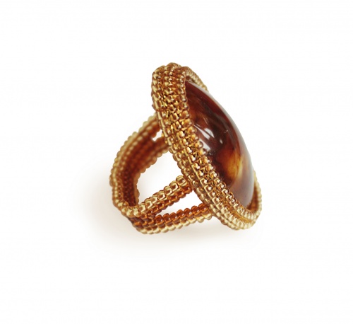 Роскошный перстень из балтийского янтаря и бисера, 50691 фото 2