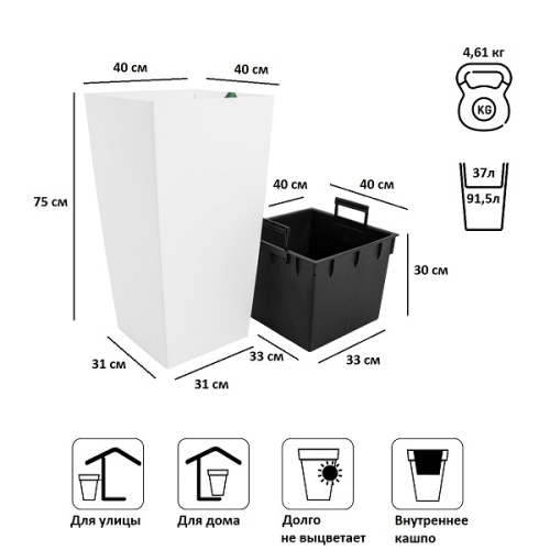Кашпо для цветов Prosperplast Urbi Square 37+91,5л, белый фото 2