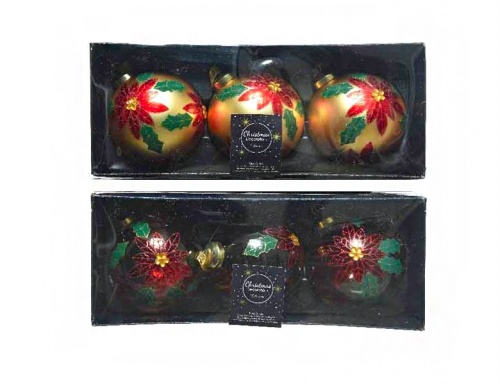 Набор стеклянных шаров "Волшебство пуансеттий", 8 см (3 шт.), разные модели, Kaemingk фото 2