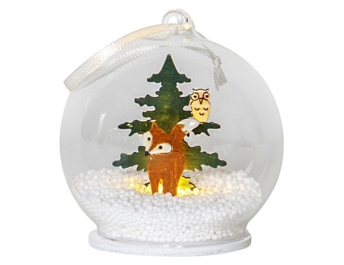 Светящийся шар с фигурками FOREST FRIENDS - ЛИСЁНОК И СОВА, стекло, дерево, тёплый белый LED-огонь, 9 см, батарейки, STAR trading