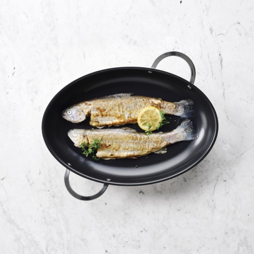 Сковорода для рыбы BEKA Frying, 37,5 x 25 см, из нержавеющей стали Bekadur Dualforce с 3-слойным антипригарным покрытием с керамикой, цвета серый и чёрный фото 2